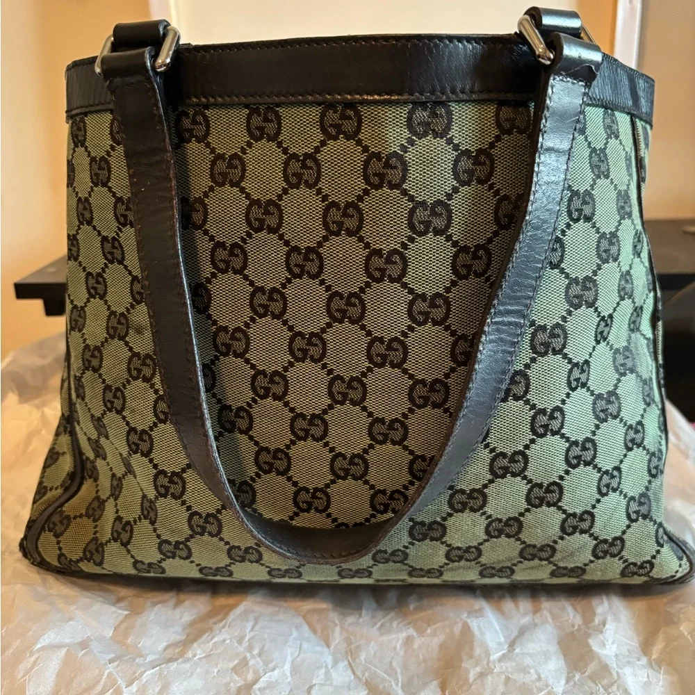 Authentic Gucci Abbey D-Ring GG Monogram Canvas and Leather Tote Bag - Green/blk - Picture 6 of 14